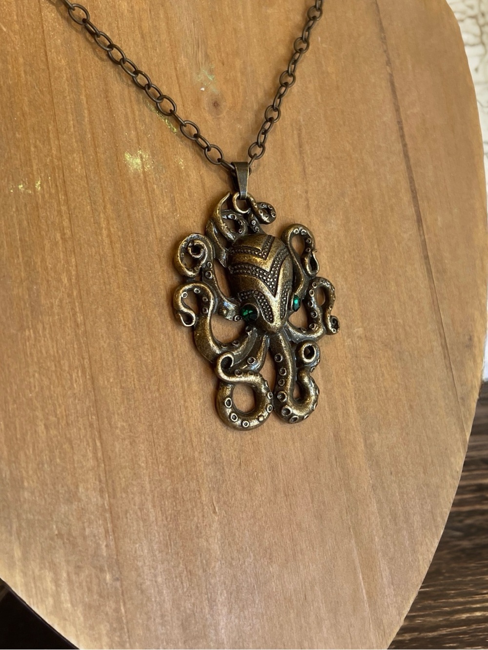 Bronze Octopus/Kraken Pendant Necklace with Green Accent Eyes - Picture 7 of 17